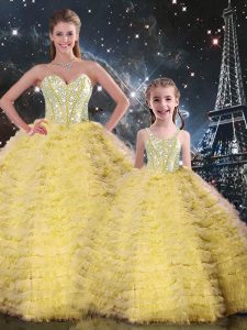 Yellow Ball Gowns Beading and Ruffles Quinceanera Dresses Lace Up Tulle Sleeveless Floor Length