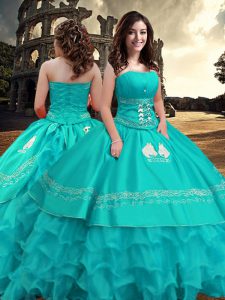 Free and Easy Turquoise Strapless Zipper Embroidery and Ruffled Layers Quince Ball Gowns Sleeveless