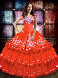 Orange Red Off The Shoulder Neckline Embroidery and Ruffled Layers Sweet 16 Dresses Sleeveless Lace Up