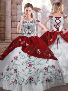 Taffeta Off The Shoulder Sleeveless Lace Up Embroidery and Ruffled Layers 15th Birthday Dress in White And Red