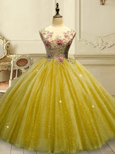 New Style Tulle Sleeveless Floor Length Sweet 16 Dresses and Appliques and Sequins