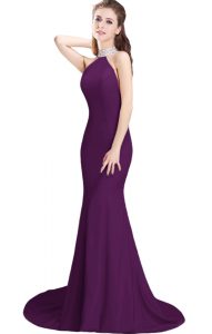 Gorgeous Purple Sleeveless Brush Train Beading Prom Dress