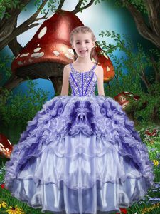 High End Purple Sleeveless Beading and Ruffles and Ruffled Layers Floor Length Child Pageant Dress