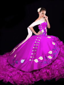 Taffeta V-neck Sleeveless Brush Train Lace Up Embroidery and Ruffles 15 Quinceanera Dress in Fuchsia