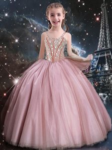 Perfect Baby Pink Tulle Lace Up Straps Sleeveless Floor Length Flower Girl Dresses for Less Beading