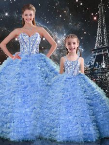 Romantic Blue Tulle Lace Up Quince Ball Gowns Sleeveless Floor Length Beading and Ruffles