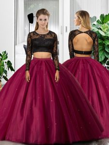 Modern Fuchsia Scoop Neckline Lace and Ruching Vestidos de Quinceanera Long Sleeves Backless