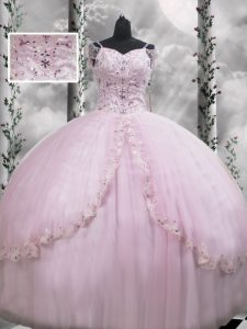 Captivating V-neck Cap Sleeves Tulle 15th Birthday Dress Beading and Appliques Brush Train Side Zipper