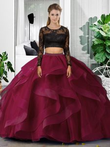 Fuchsia Quinceanera Gown Military Ball and Sweet 16 and Quinceanera with Lace and Ruffles Scoop Long Sleeves Backless