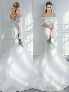 New Arrival White Wedding Dresses Tulle Court Train Half Sleeves Lace and Appliques