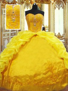 Great Gold Ball Gowns Beading and Embroidery and Pick Ups Vestidos de Quinceanera Lace Up Taffeta Sleeveless