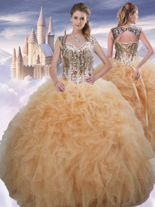 Hot Selling Ball Gowns Sweet 16 Dresses Champagne Sweetheart Organza Sleeveless Floor Length Lace Up