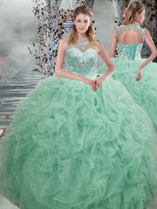 Apple Green Ball Gowns Beading and Ruffles 15th Birthday Dress Lace Up Organza Sleeveless Floor Length