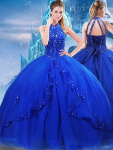 Lovely Tulle High-neck Sleeveless Brush Train Lace Up Beading and Ruffles Sweet 16 Dress in Royal Blue
