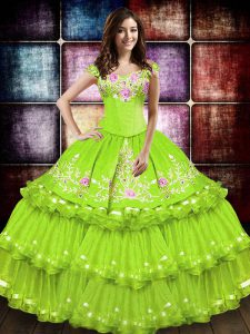 Comfortable Floor Length Lace Up Quinceanera Dresses Yellow Green for Military Ball and Sweet 16 and Quinceanera with Embroidery and Ruffled Layers