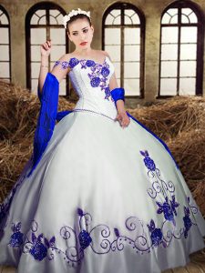 White Taffeta Lace Up Quince Ball Gowns Sleeveless Floor Length Embroidery
