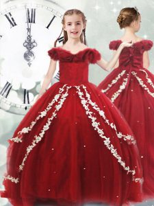 Wine Red Little Girl Pageant Dress Quinceanera and Wedding Party with Appliques Off The Shoulder Sleeveless Brush Train Lace Up