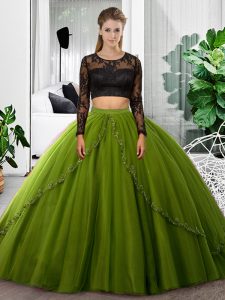 Shining Olive Green Long Sleeves Lace and Ruching Floor Length Ball Gown Prom Dress