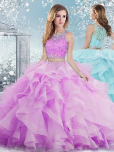 Scoop Sleeveless 15th Birthday Dress Floor Length Beading and Ruffles Lilac Organza