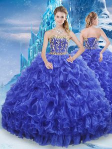 Superior Ball Gowns Quinceanera Gowns Royal Blue Strapless Organza Sleeveless Floor Length Lace Up