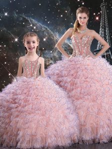Dynamic Baby Pink Sleeveless Floor Length Beading and Ruffles Lace Up 15 Quinceanera Dress