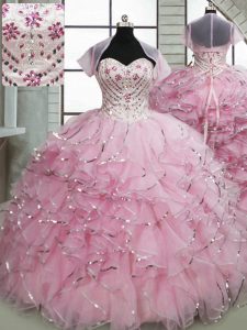 Delicate Ball Gowns Sleeveless Baby Pink Quinceanera Dress Brush Train Lace Up