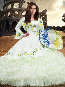 Glorious Floor Length White Quince Ball Gowns Square Long Sleeves Lace Up