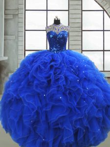 Royal Blue Sleeveless Ruffles and Sequins Floor Length Sweet 16 Dress