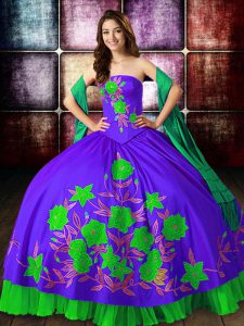 Ideal Strapless Sleeveless 15 Quinceanera Dress Floor Length Embroidery Multi-color Satin