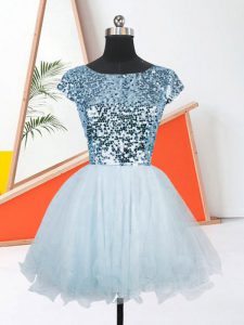 Attractive Light Blue A-line Organza Scoop Short Sleeves Sequins Mini Length Lace Up Prom Dresses