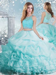 Floor Length Aqua Blue Quince Ball Gowns Organza Sleeveless Beading and Ruffles and Pick Ups