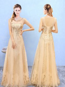 Romantic Gold Bridesmaid Gown Wedding Party with Beading and Appliques Scoop Sleeveless Lace Up