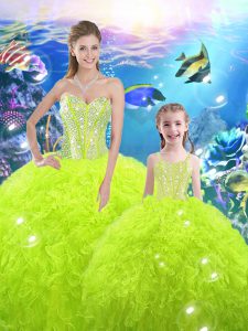 Yellow Green Quince Ball Gowns Military Ball and Sweet 16 and Quinceanera with Beading and Ruffles Sweetheart Sleeveless Lace Up