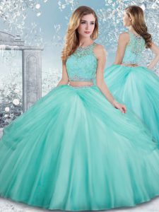Aqua Blue Clasp Handle Scoop Beading and Lace Quince Ball Gowns Tulle Sleeveless