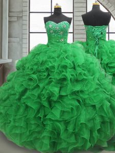 Latest Sweetheart Sleeveless 15th Birthday Dress Floor Length Beading and Ruffles Green Organza