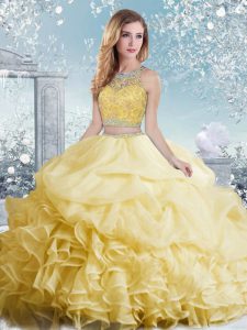 Yellow Sleeveless Beading and Ruffles and Pick Ups Floor Length Sweet 16 Dresses