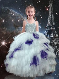 Floor Length White Child Pageant Dress Tulle Sleeveless Beading and Ruffled Layers