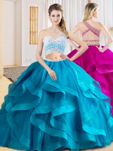 High Class Baby Blue Criss Cross One Shoulder Beading and Ruffles Quinceanera Gowns Tulle Sleeveless
