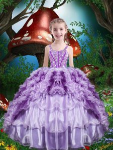 Top Selling Lavender Straps Lace Up Beading and Ruffles and Ruffled Layers Party Dress Sleeveless