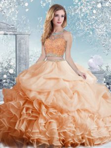 Pretty Peach Sleeveless Beading and Ruffles and Pick Ups Floor Length Sweet 16 Quinceanera Dress