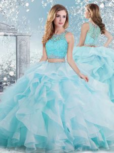 Organza Scoop Sleeveless Clasp Handle Beading and Ruffles Quinceanera Gown in Aqua Blue