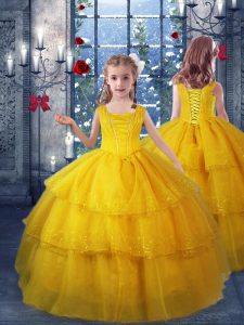 Nice Gold V-neck Neckline Ruffled Layers Little Girls Pageant Gowns Sleeveless Lace Up