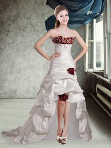 Exquisite White And Red A-line Appliques and Pick Ups and Hand Made Flower Wedding Dress Lace Up Taffeta Sleeveless High Low