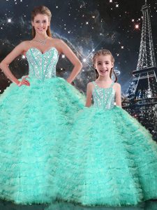 Apple Green Lace Up Sweetheart Beading and Ruffles Quinceanera Gown Tulle Sleeveless