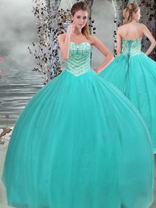 Gorgeous Turquoise Ball Gowns Tulle Sweetheart Sleeveless Beading Floor Length Lace Up Quinceanera Dress