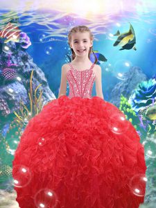 Coral Red Sleeveless Floor Length Beading and Ruffles Lace Up Pageant Gowns For Girls