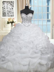 Cute Organza Sweetheart Sleeveless Brush Train Lace Up Beading and Pick Ups Vestidos de Quinceanera in White
