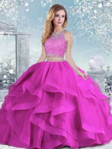Fuchsia Ball Gowns Organza Scoop Sleeveless Beading and Ruffles Floor Length Clasp Handle Quinceanera Dresses