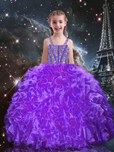 Custom Fit Floor Length Eggplant Purple Little Girl Pageant Gowns Organza Sleeveless Beading and Ruffles