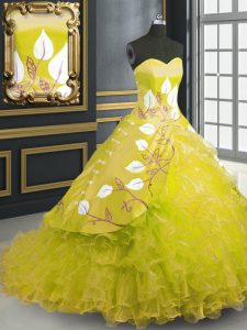 Yellow Sweetheart Lace Up Embroidery and Ruffles Quinceanera Gown Brush Train Sleeveless
